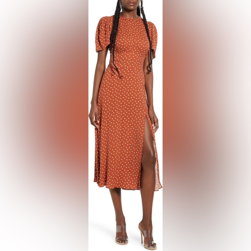 AFRM Rust Polka Dot Midi Dress with Puff Sleeves